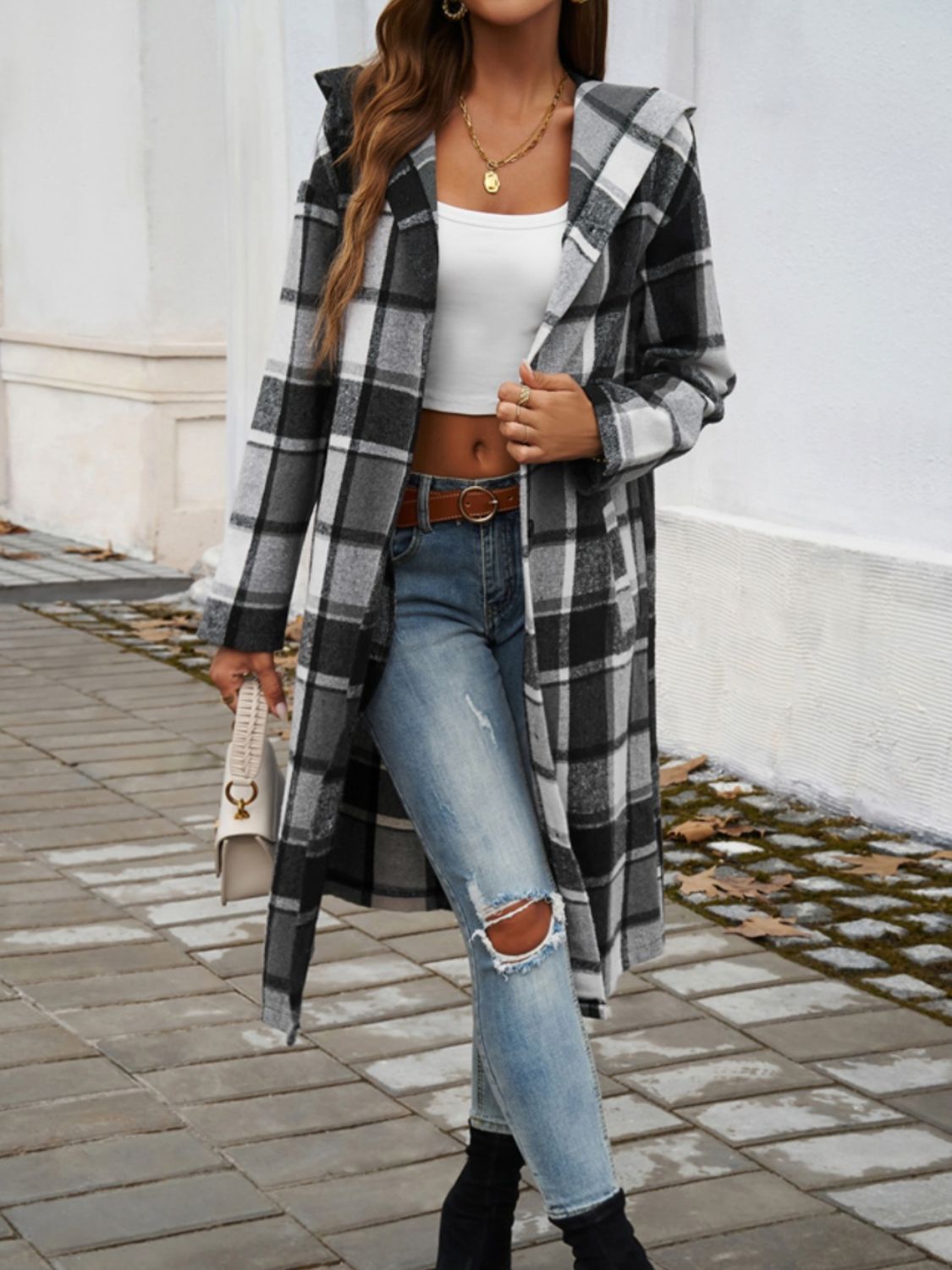 Devine Plaid Long Sleeve Hooded Coat - Body By J'ne