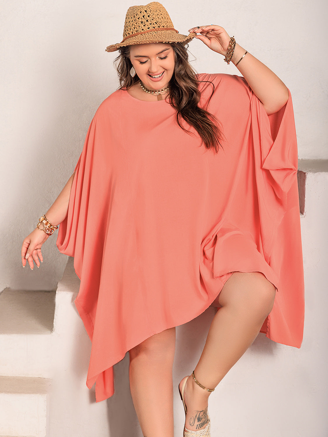 Plus Size Round Neck Batwing Sleeve Mini Dress - Body By J'ne