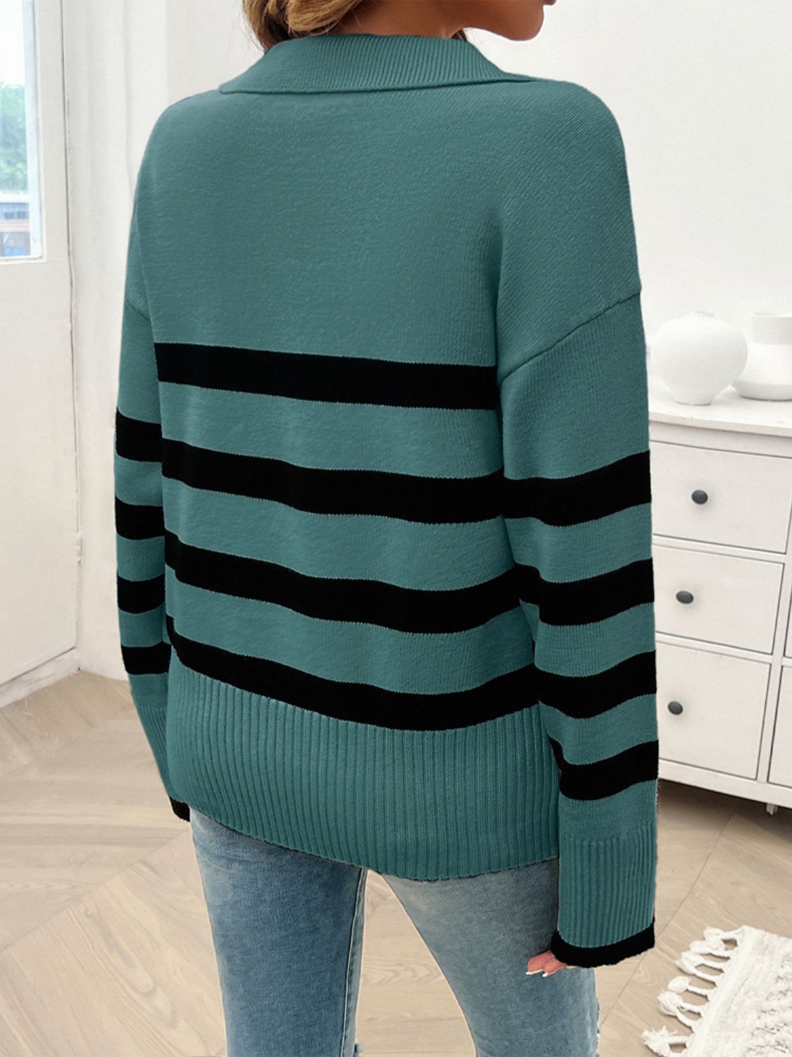 Striped Collared Neck Long Sleeve Sweater - Body By J'ne