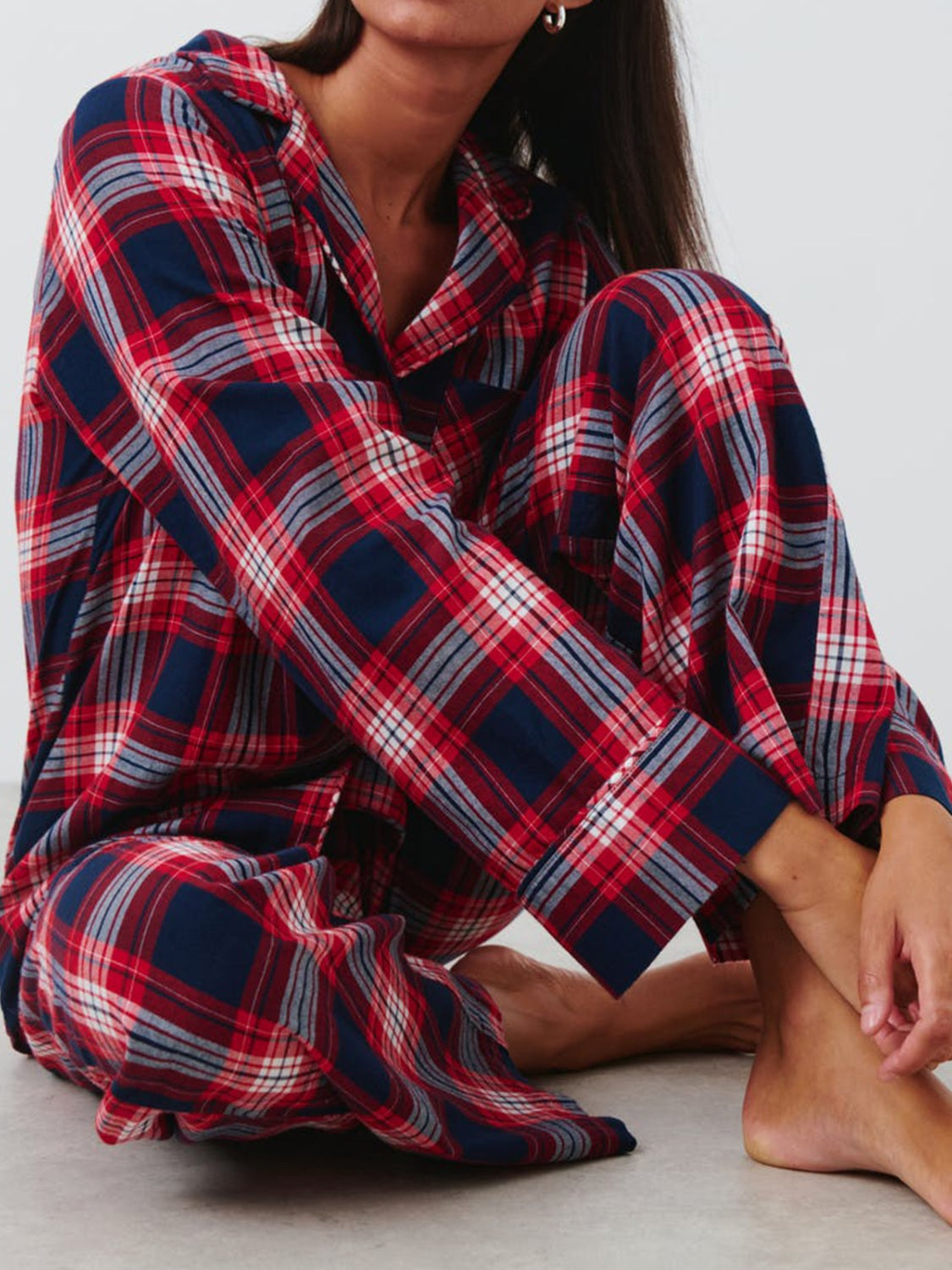 Plaid Collared Neck Button Up Top and Pants Lounge Set - Body By J'ne