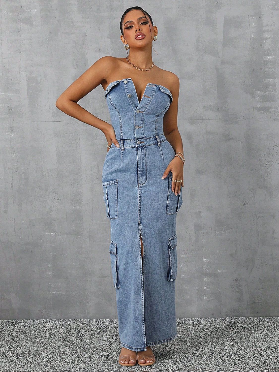 Slit Half Button Tube Denim Dress - Body By J'ne