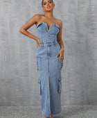 Slit Half Button Tube Denim Dress