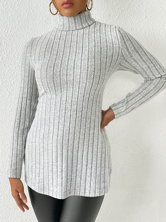 Ribbed Turtleneck Long Sleeve Slit T-Shirt - Body By J'ne