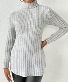 Ribbed Turtleneck Long Sleeve Slit T-Shirt