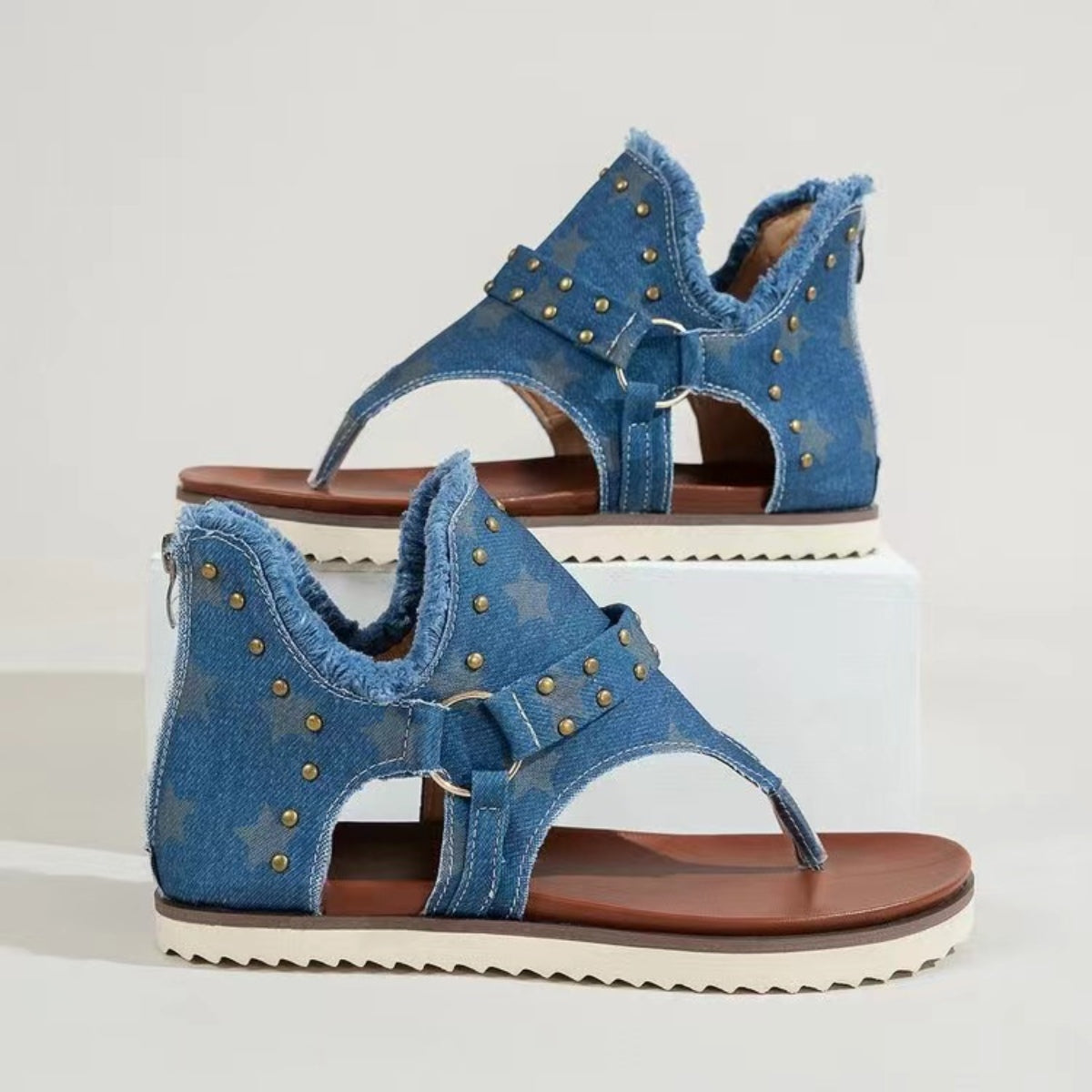 Studded Raw Hem Flat Sandals - Body By J'ne