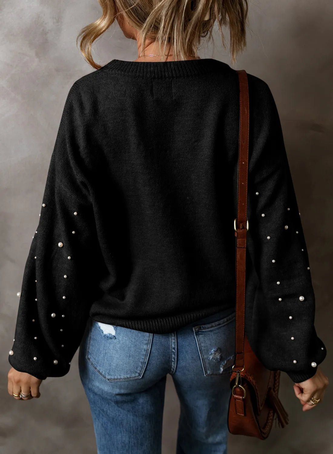Pearl Detail Round Neck Long Sleeve Sweater - Body By J'ne