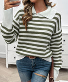 Devine Striped Collared Neck Long Sleeve Sweater