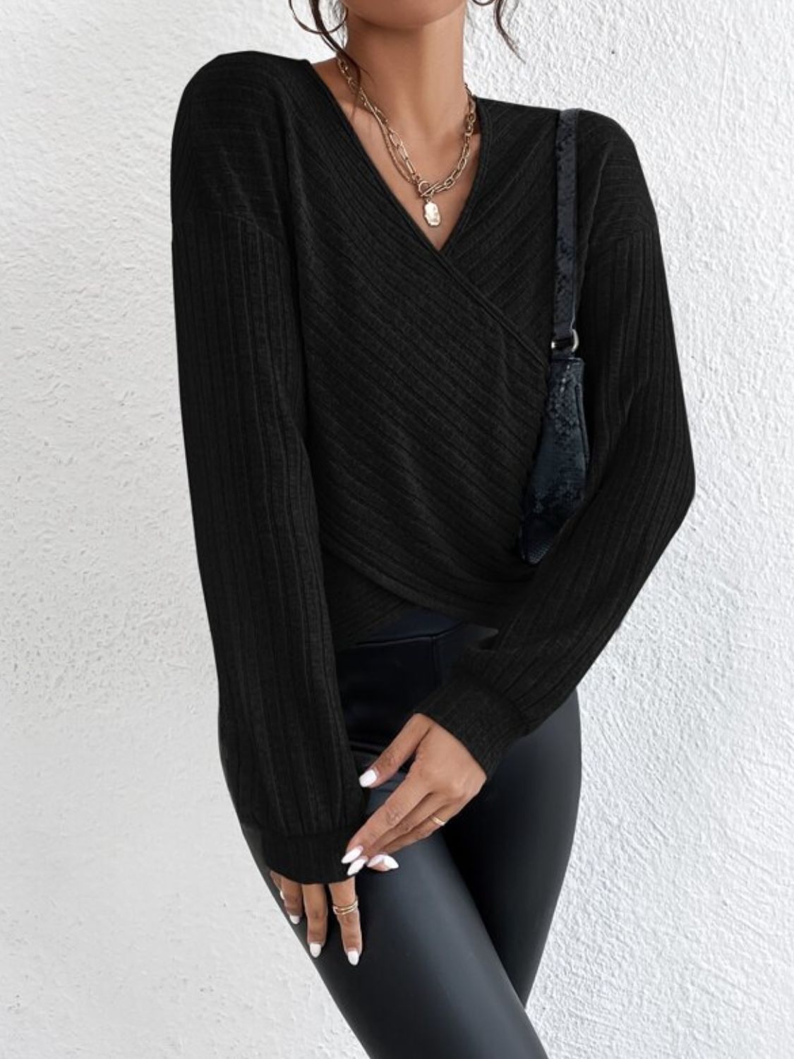 Surplice Dropped Shoulder Long Sleeve T-Shirt - Body By J'ne