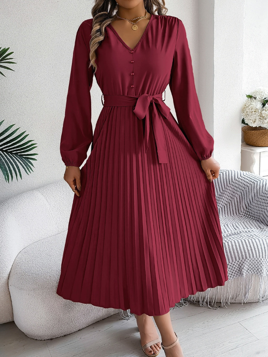 Pleated Tied V-Neck Long Sleeve Dress - Body By J'ne