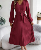 Pleated Tied V-Neck Long Sleeve Dress