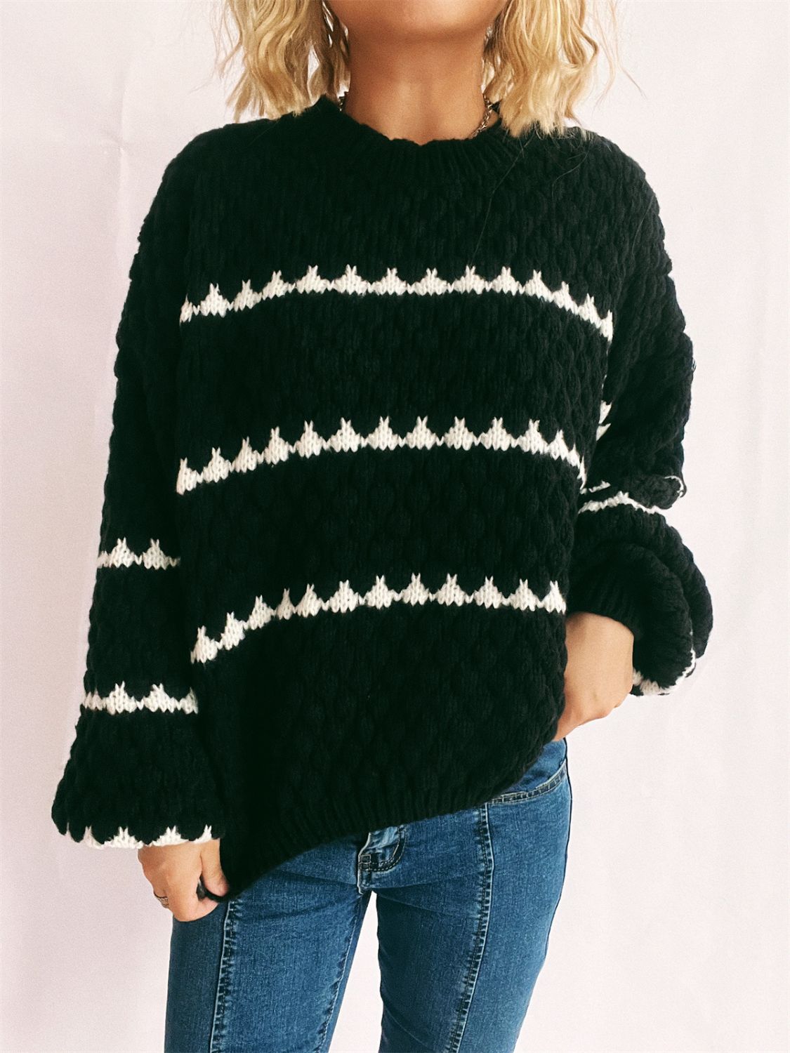 Contrast Stripes Round Neck Long Sleeve Sweater - Body By J'ne