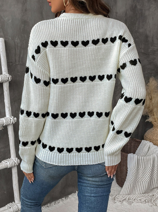 Perfee Heart Round Neck Long Sleeve Sweater - Body By J'ne