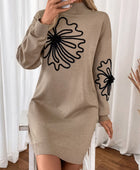 Perfee Flower Mock Neck Long Sleeve Sweater Dress