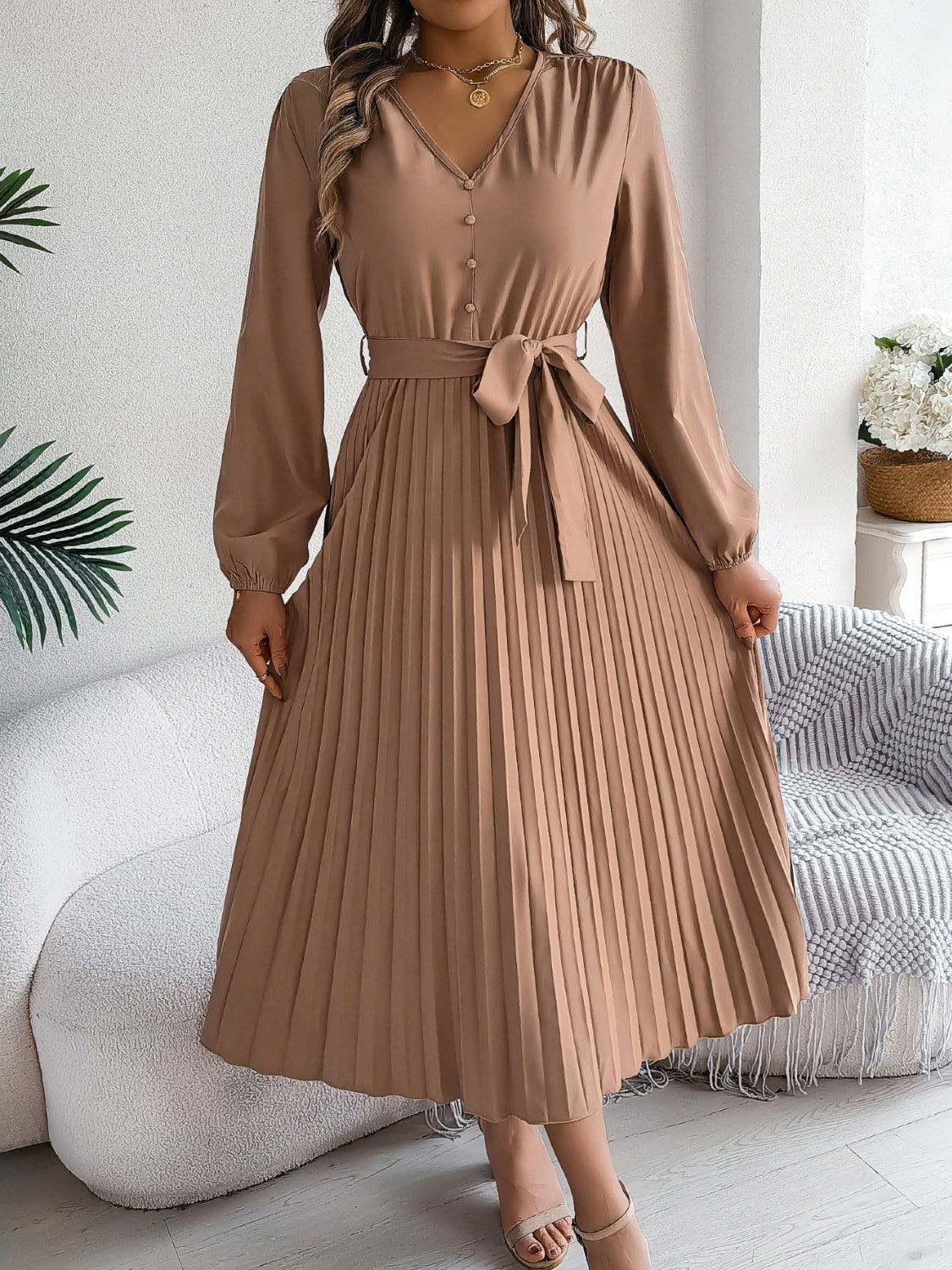 Pleated Tied V-Neck Long Sleeve Dress - Body By J'ne