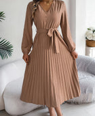 Pleated Tied V-Neck Long Sleeve Dress