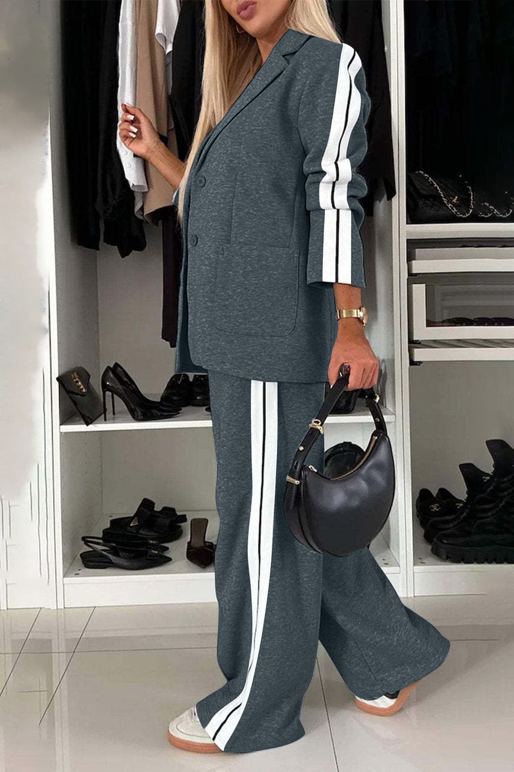 Contrast Lapel Collar Top and Pants Set - Body By J'ne