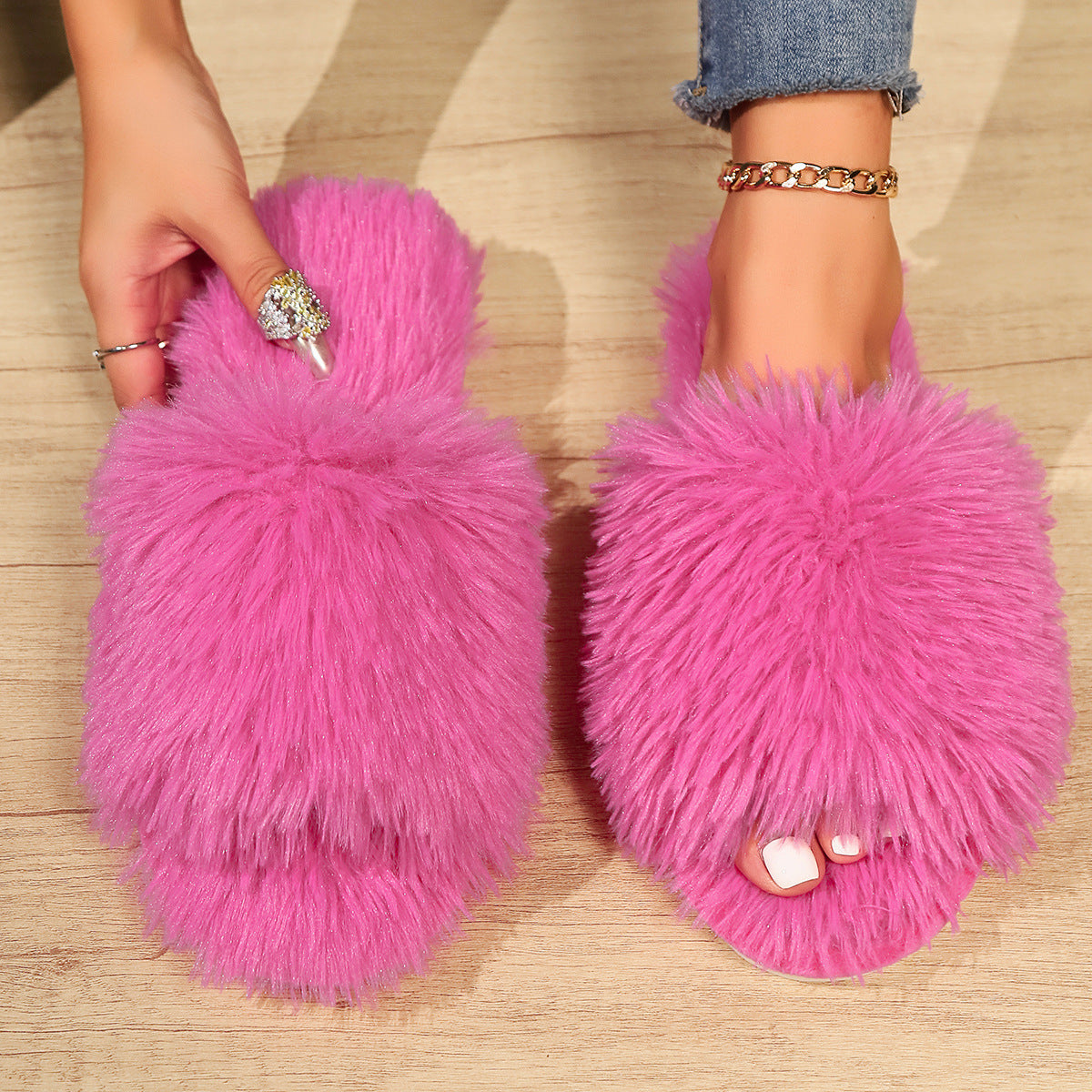 Open-toe Plush Slippers - Body By J'ne