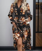 Printed Notched Long Sleeve Midi Dress