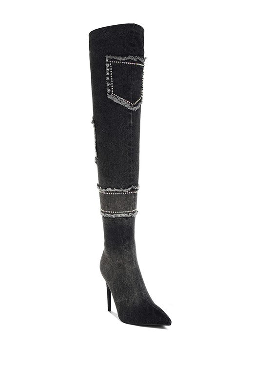 Eilish Rhinestones Knee High Denim Boots - Body By J'ne