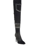 Eilish Rhinestones Knee High Denim Boots