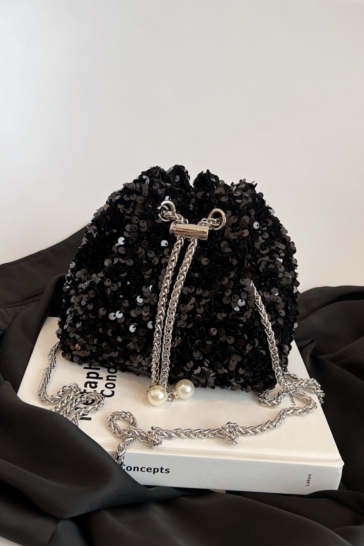 Sequin Chain Drawstring Bucket Bag - Body By J'ne