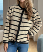 Striped Round Neck Long Sleeve Cardigan