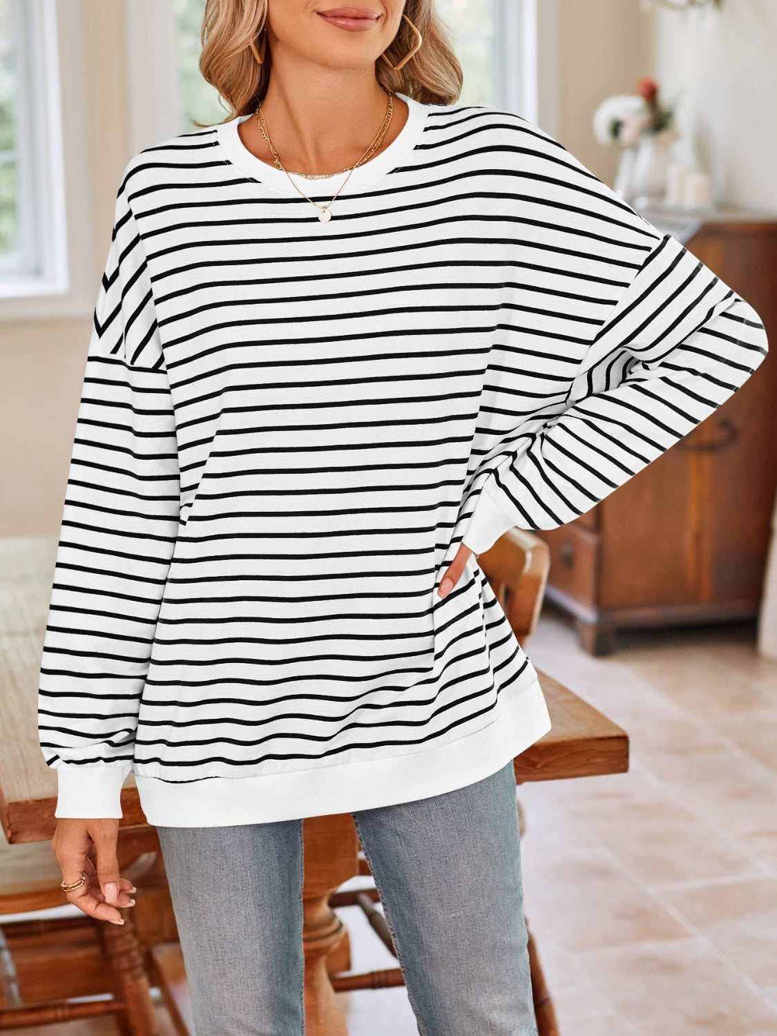 Lovelet Striped Round Neck Long Sleeve Sweatshirt - Body By J'ne