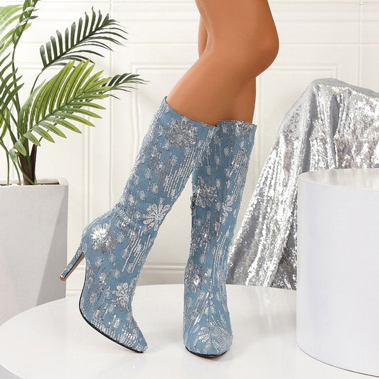 Sequin Flower Denim Pointed-toe Stiletto Boots - Body By J'ne