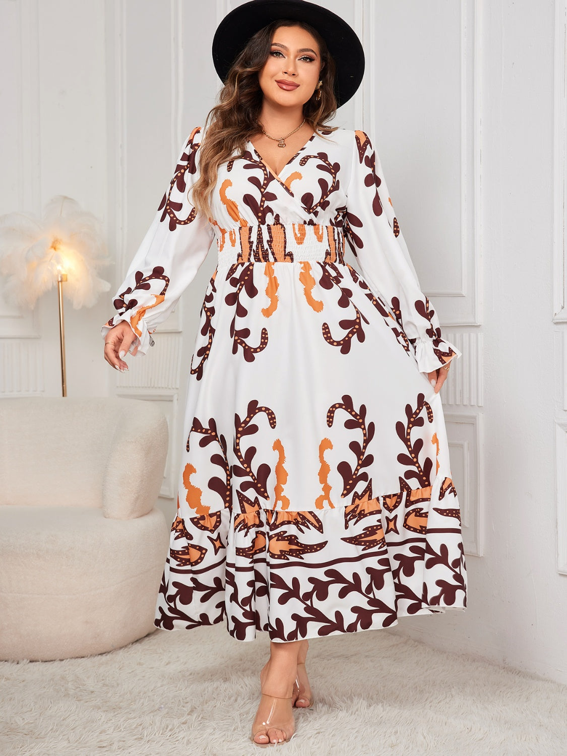 Plus Size Printed Surplice Flounce Sleeve Dress - Body By J'ne