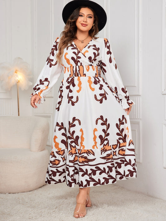 Plus Size Printed Surplice Flounce Sleeve Dress - Body By J'ne