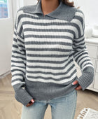 Devine Striped Collared Neck Long Sleeve Sweater