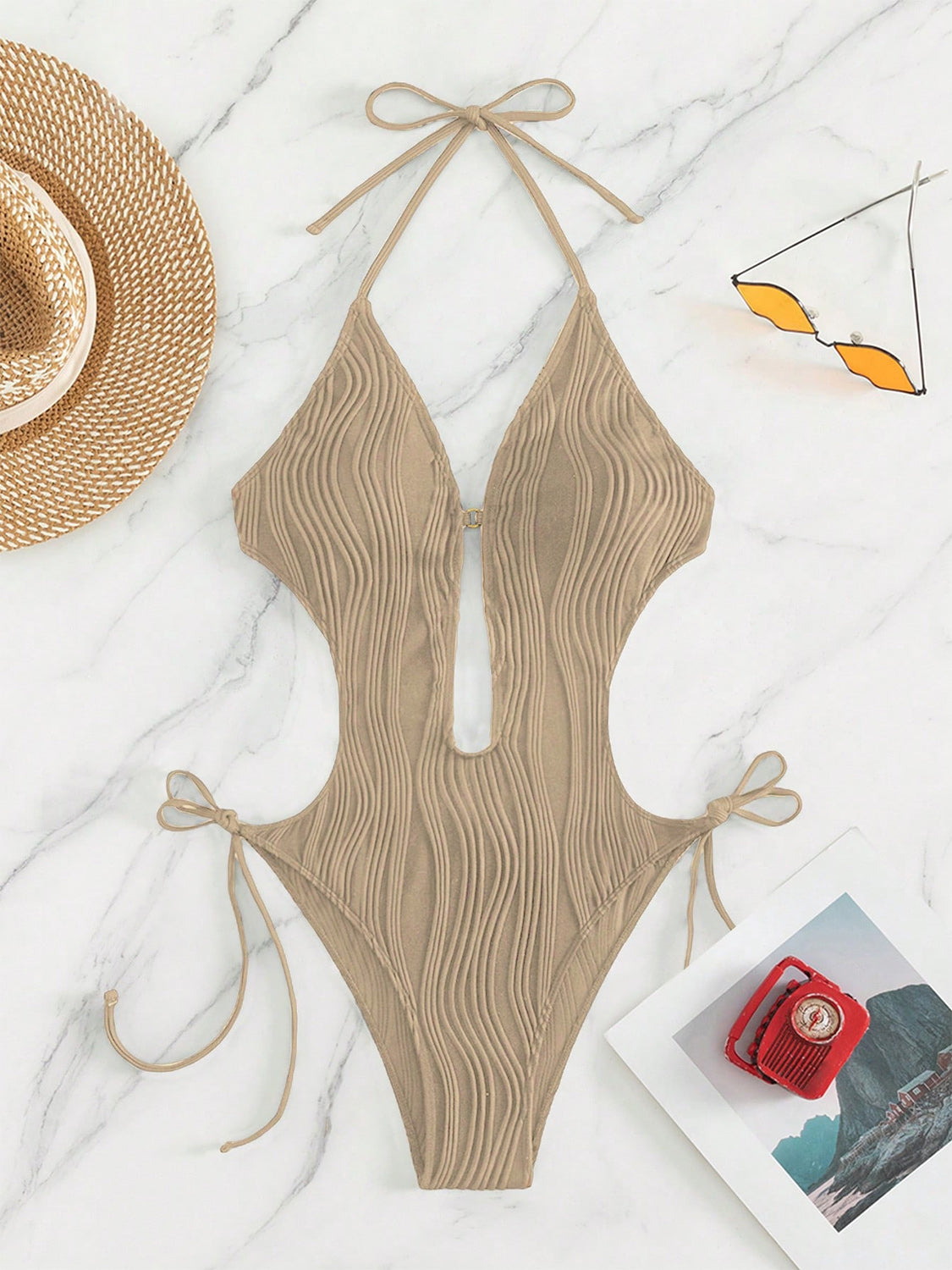 Textured Cutout Tied One-Piece Swimwear - Body By J'ne