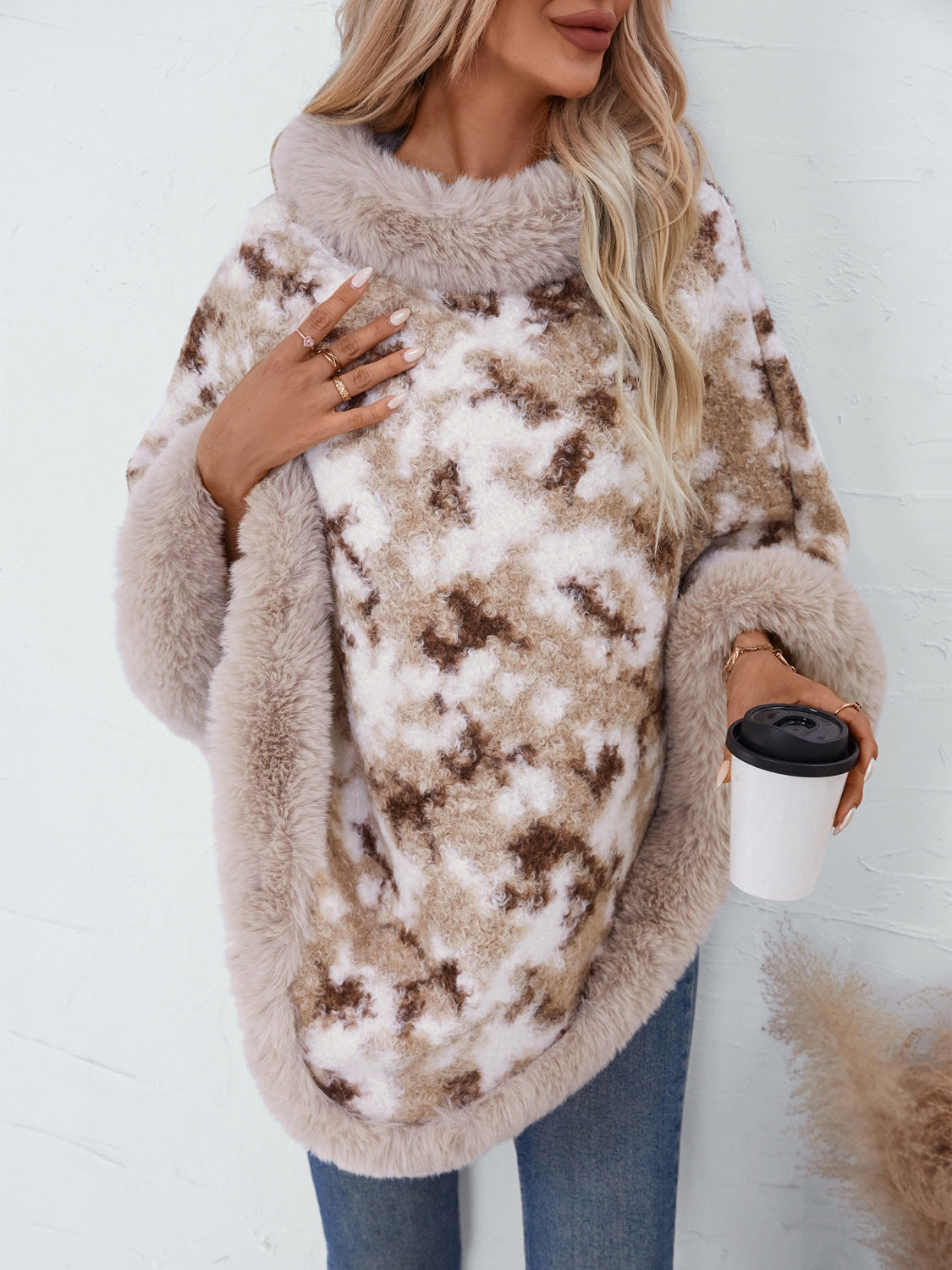 Furry Contrast Three-Quarter Poncho