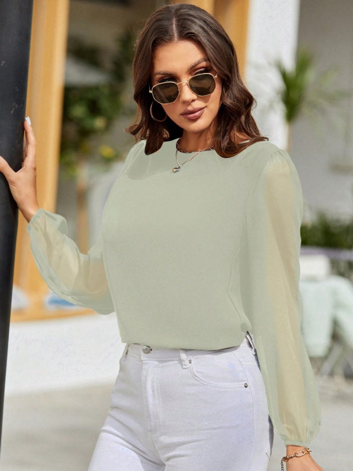 Round Neck Balloon Sleeve Blouse - Body By J'ne