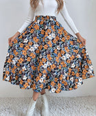 Printed Elastic Waist Midi Skirt