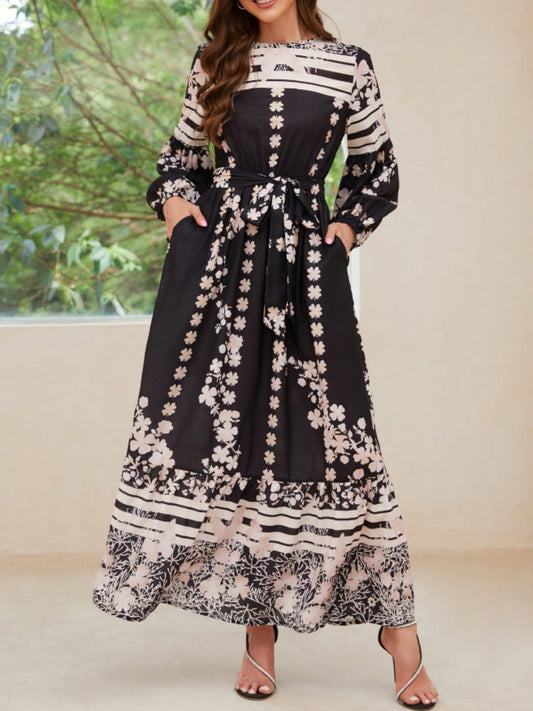 Printed Round Neck Long Sleeve Maxi Dress with Pockets - Body By J'ne