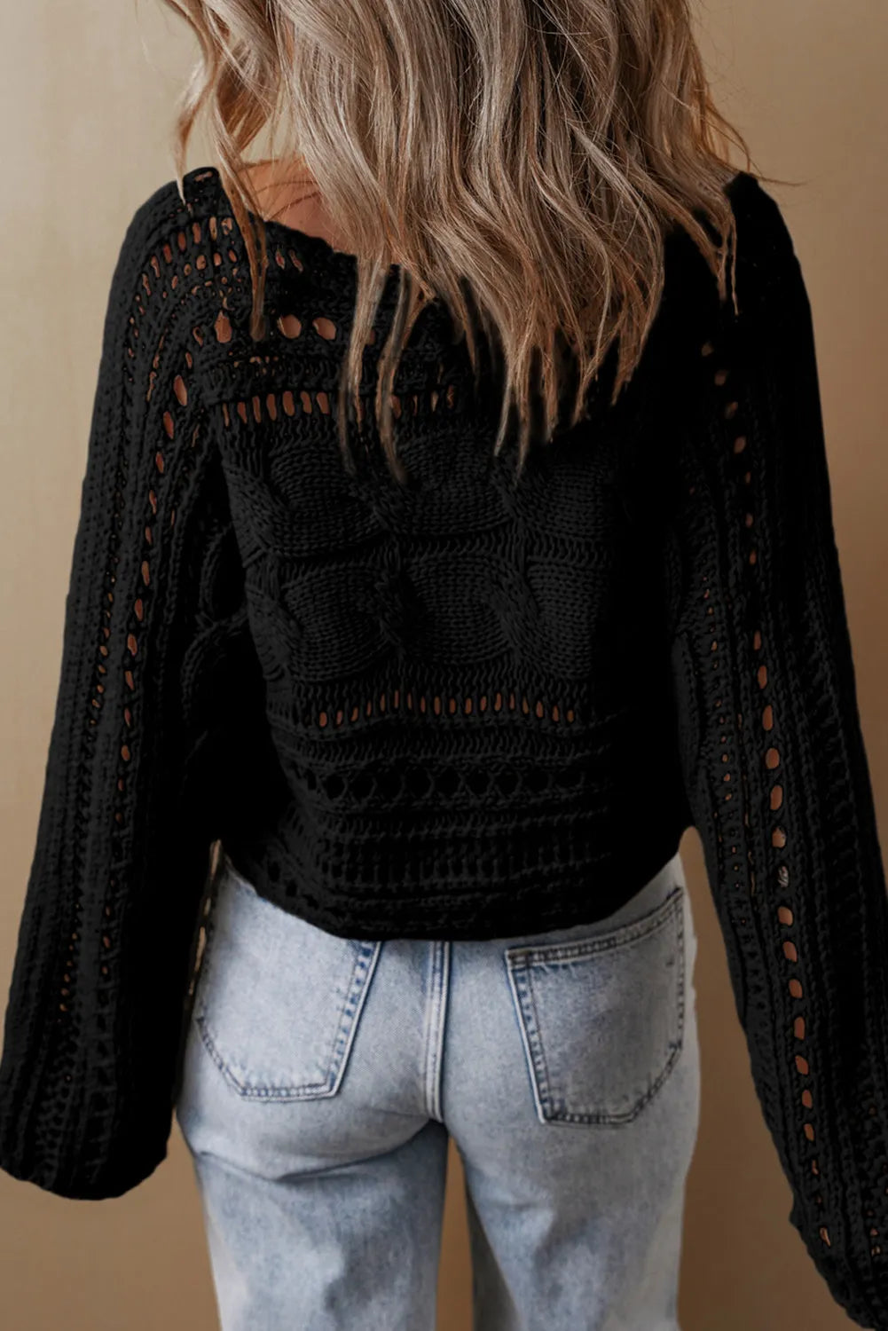 Cable-Knit Openwork Long Sleeve Sweater