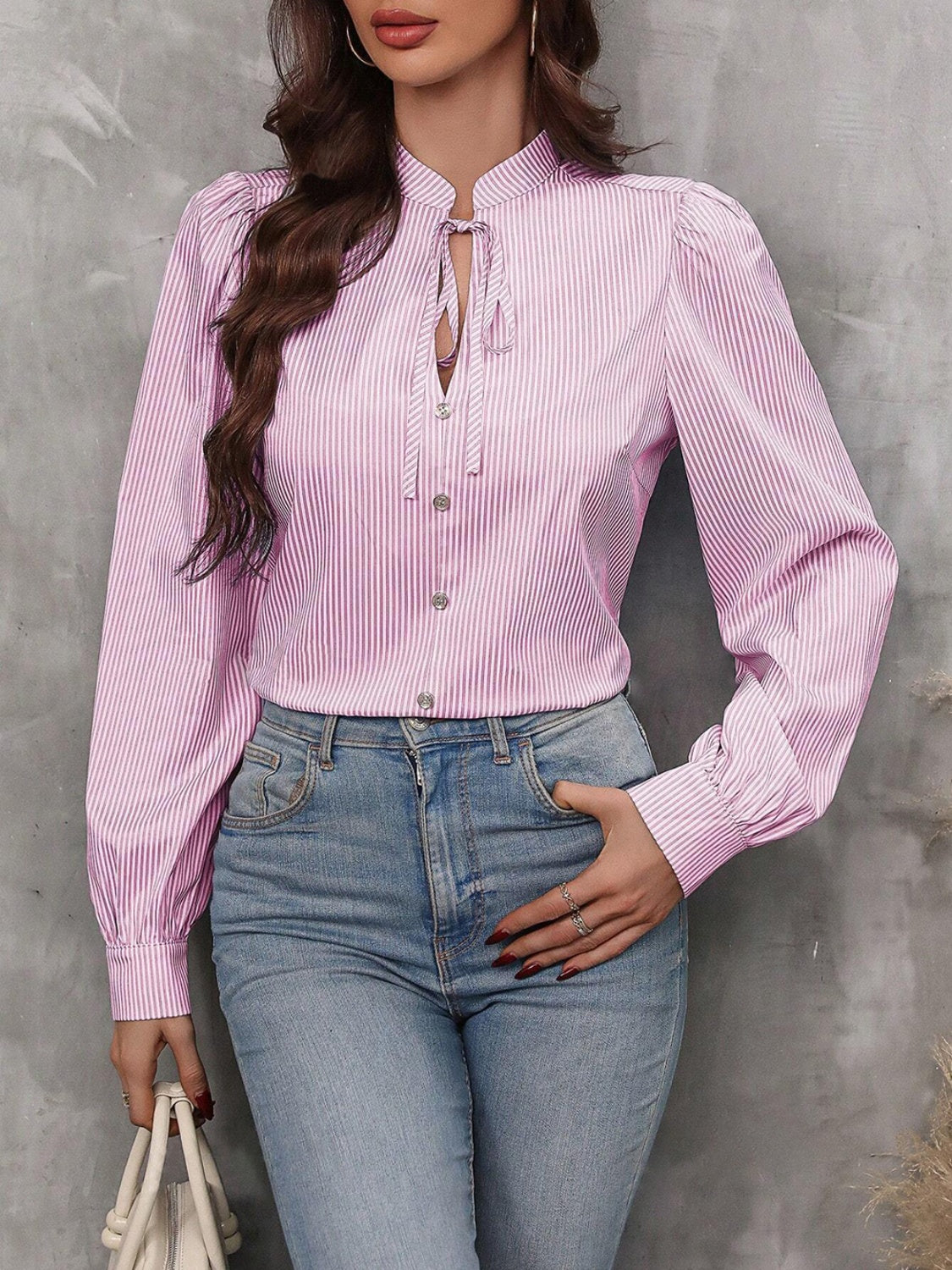 Striped Tie Neck Long Sleeve Blouse - Body By J'ne