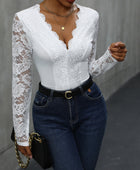 Perfee V-Neck Long Sleeve Lace Bodysuit