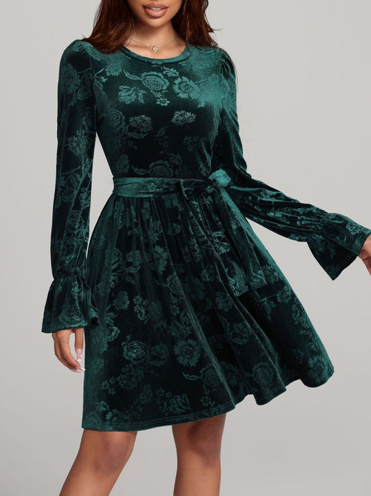 Tied Flower Print Round Neck Flounce Sleeve Dress - Body By J'ne