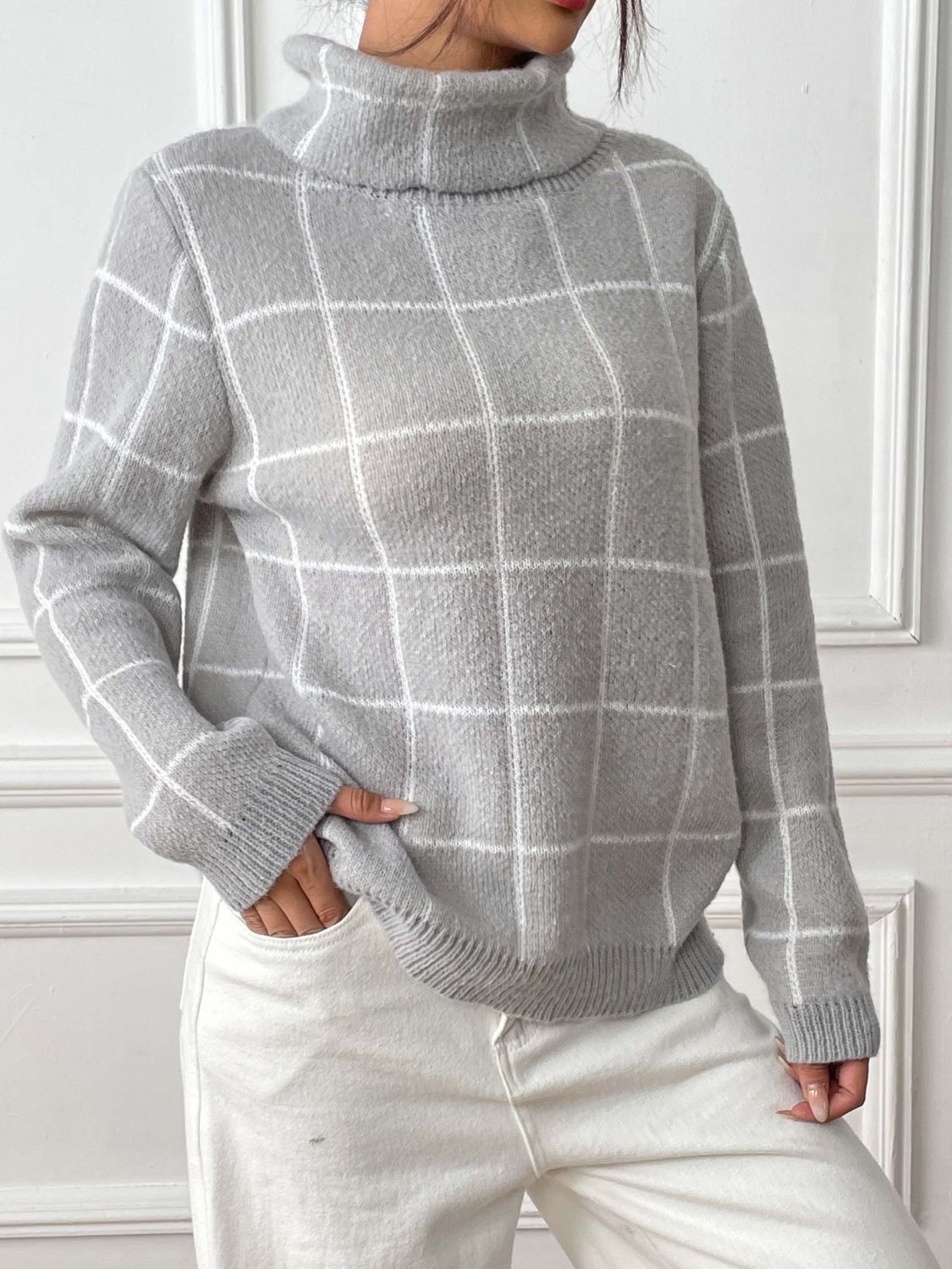 Plaid Turtleneck Long Sleeve Sweater - Body By J'ne