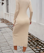 Drawstring Round Neck Long Sleeve Midi Dress