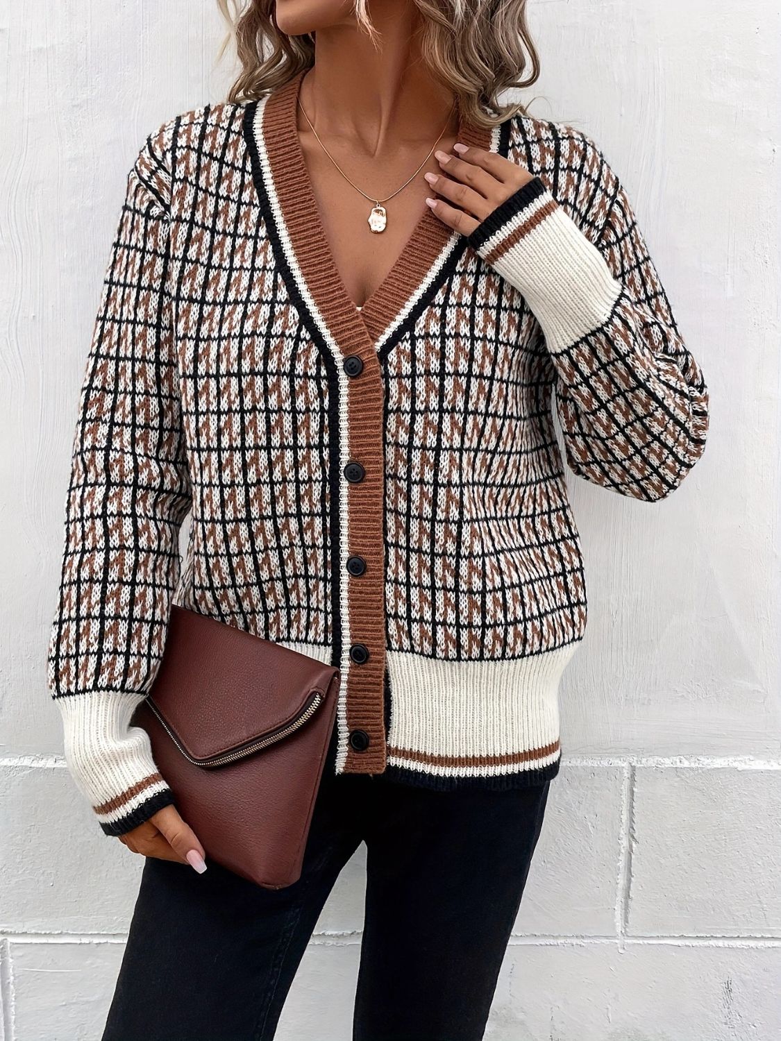 Plaid V-Neck Button Up Cardigan