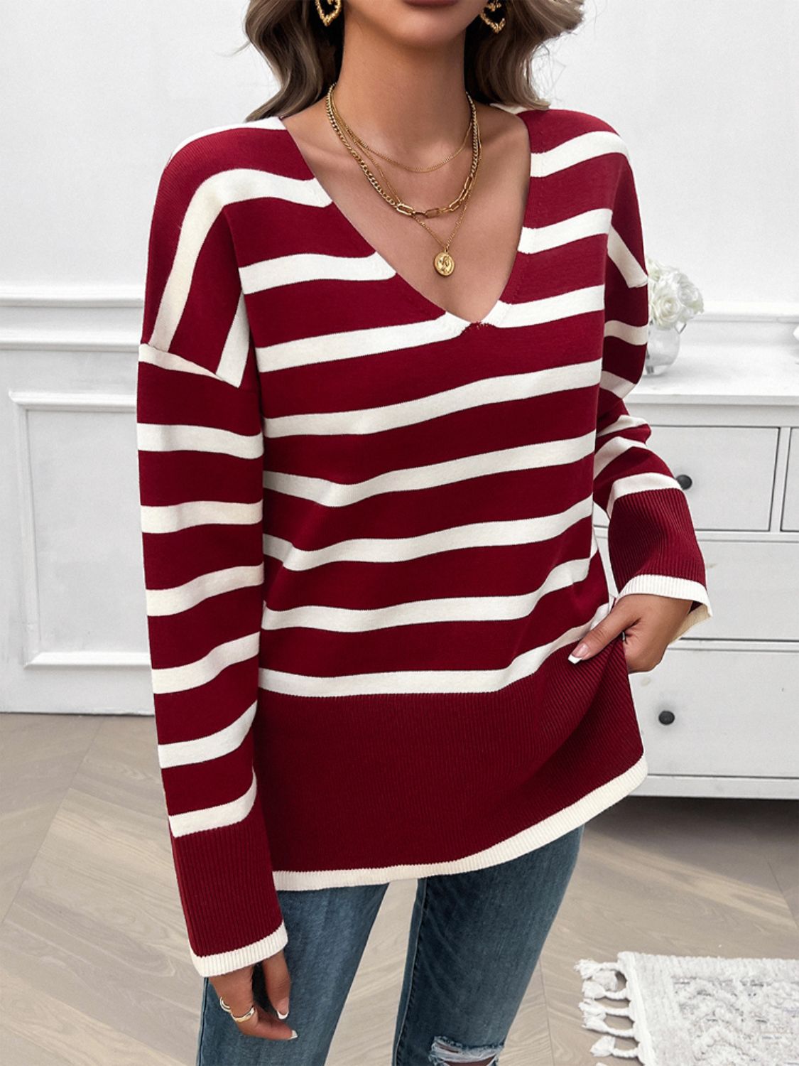 Striped V-Neck Long Sleeve Knit Top - Body By J'ne