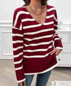 Striped V-Neck Long Sleeve Knit Top