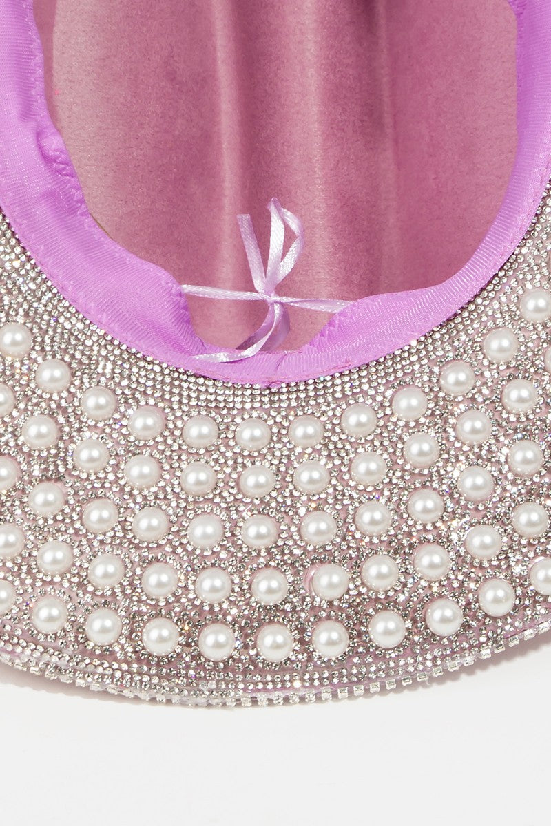 Pave Rhinestone Pearl Trim Cowboy Hat - Body By J'ne