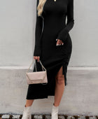 Drawstring Round Neck Long Sleeve Midi Dress