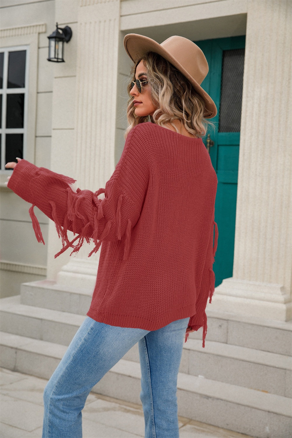 Fringe Round Neck Dropped Shoulder Sweater - Body By J'ne