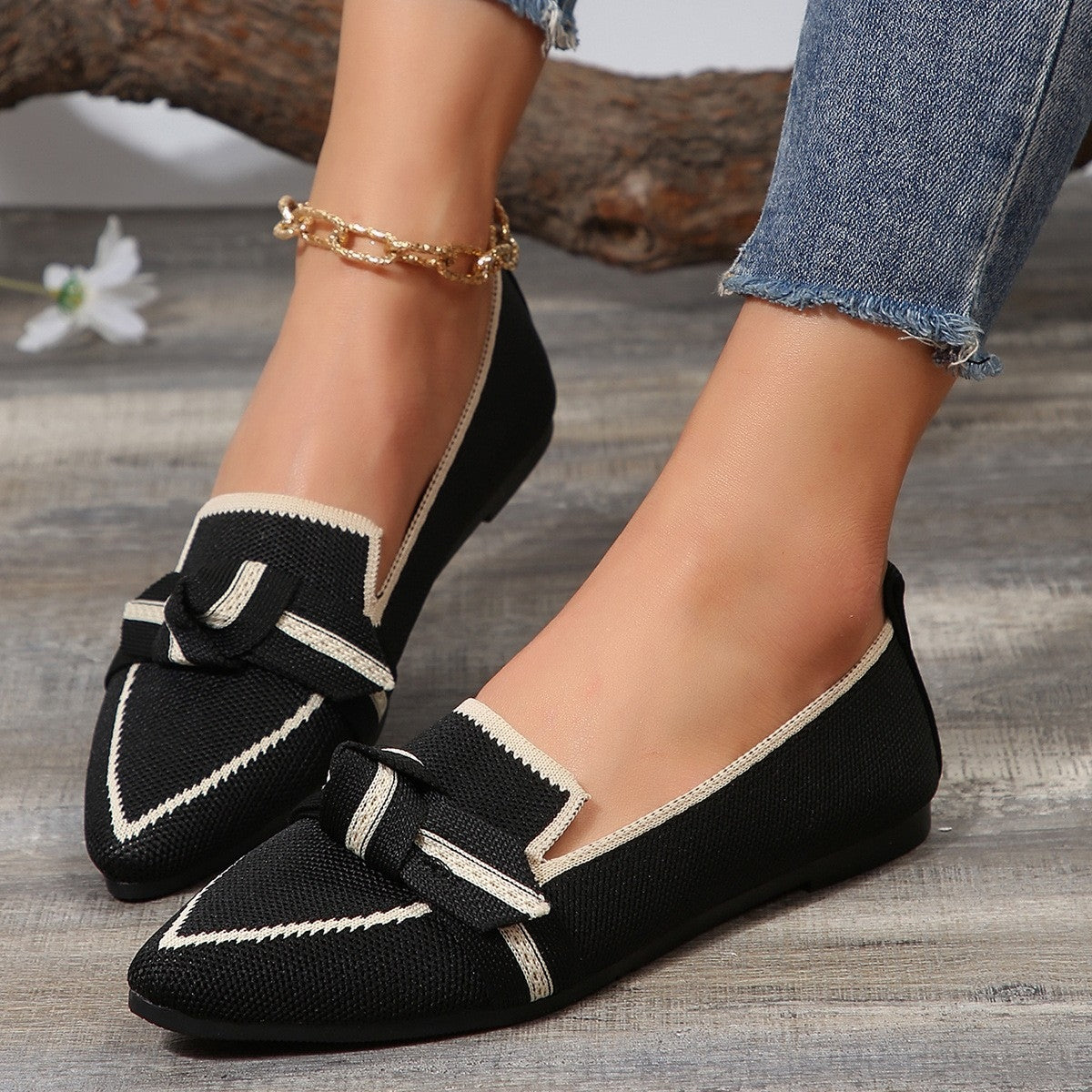 Bow Contrast Trim Point Toe Loafers - Body By J'ne