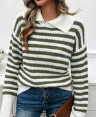 Devine Striped Collared Neck Long Sleeve Sweater